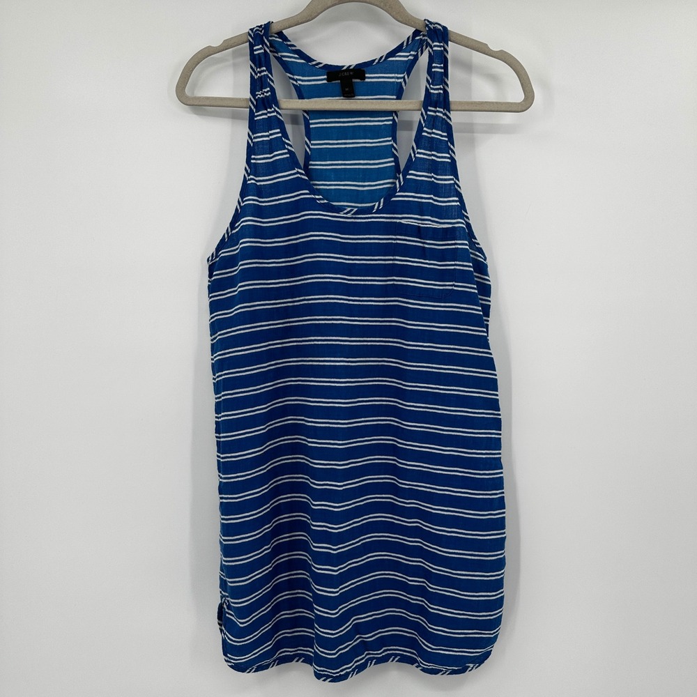 J Crew Blue White Striped Cotton Racerback Tank Top Pocket Size Medium Coastal